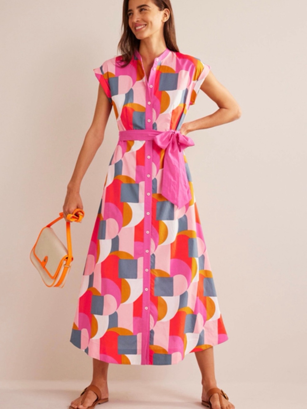 Vibrant Boden Pink Geo-Print Shirt Dress with Tie Waist
